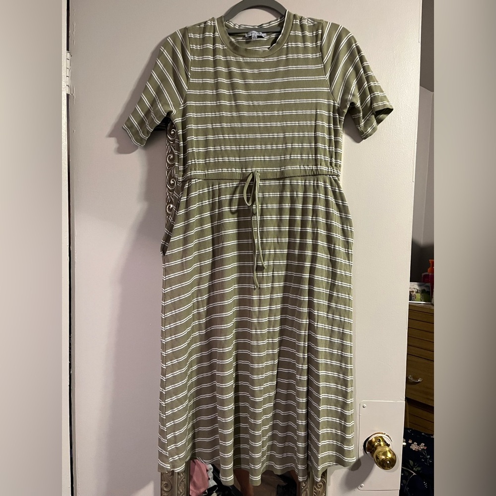 Savvy Olive and White Striped Midi Dress